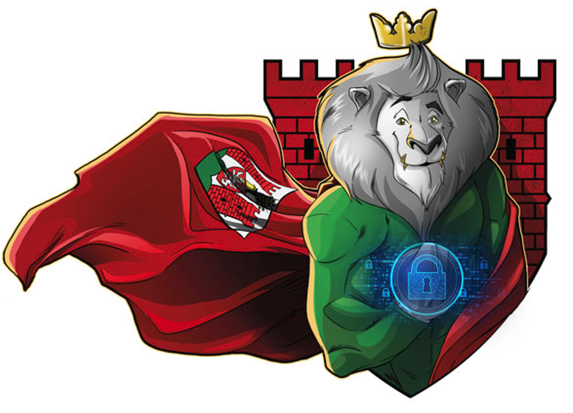 Illustration eines gekrönten Löwen mit rotem Umhang vor dem Spremberger Stadtwappen und einer Burgmauer, ergänzt durch ein digitales Schloss-Symbol als Darstellung von Datenschutz und IT-Sicherheit.